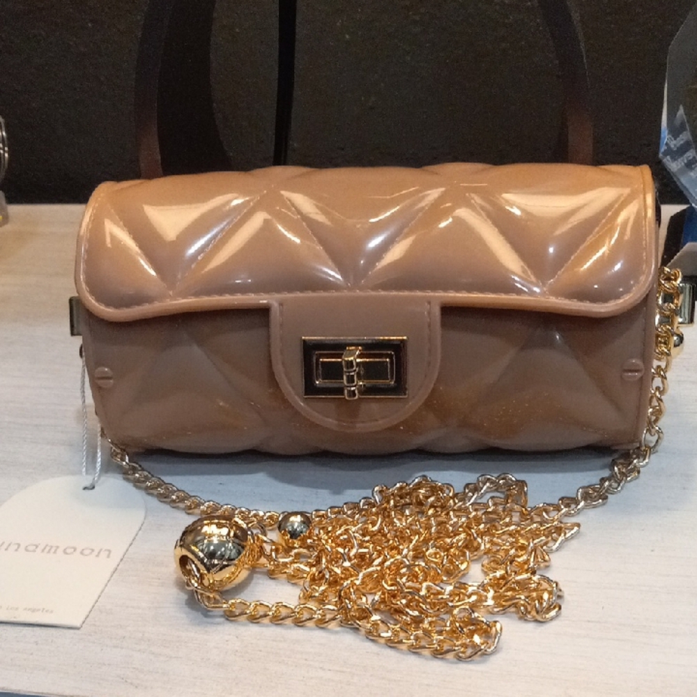 Lunamoon Stylish Mini Tan Purse Crossbody Quilted Bag with Gold Chain